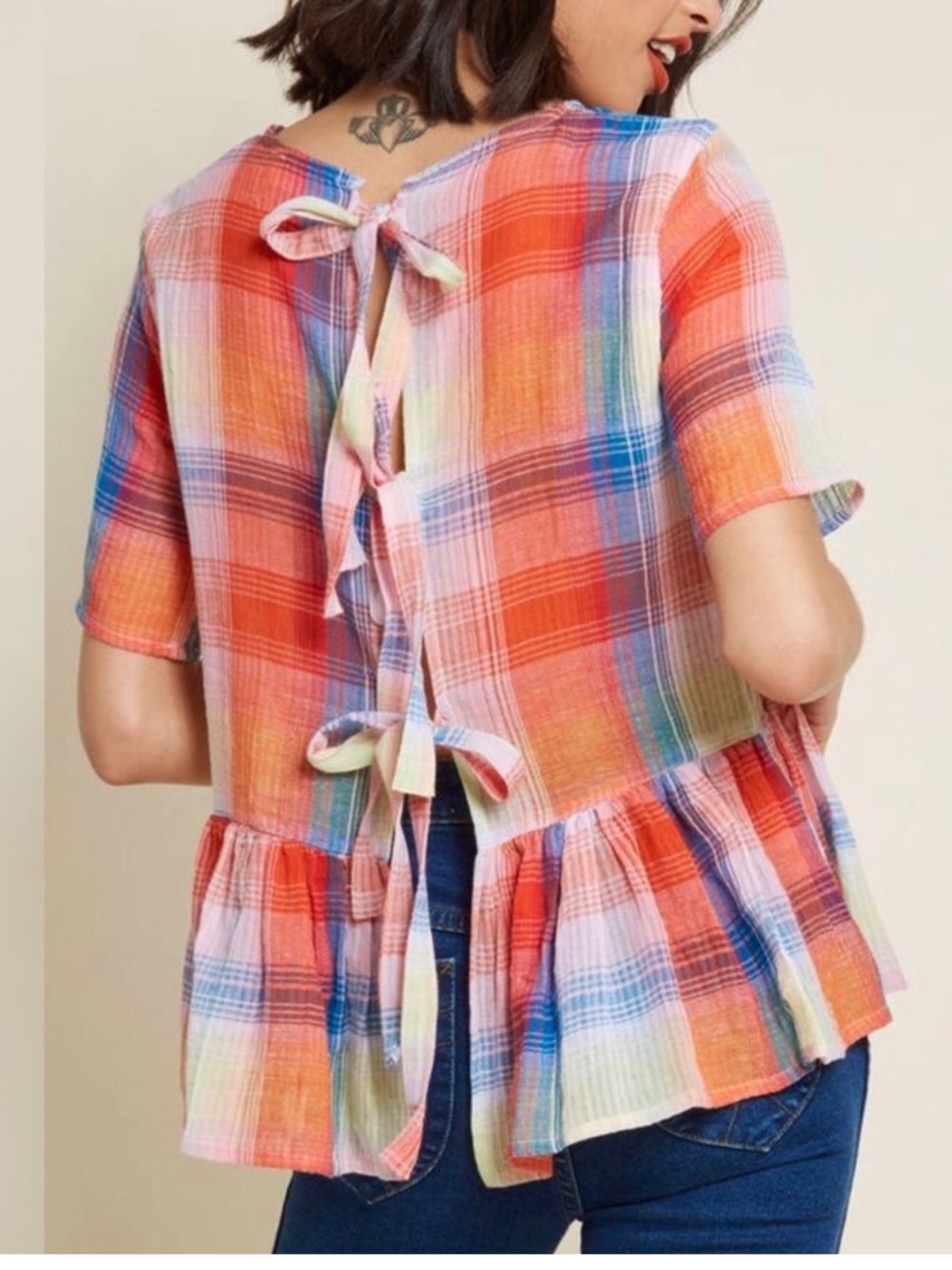 Zara Tie Back Peplum Plaid Top Women’s Small